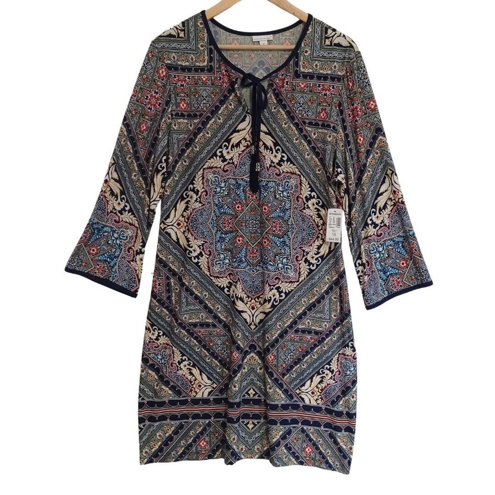Westport 1962 Size 16 Boho Knit Shift Tie Neck Colorful Print Dress New - Picture 1 of 10